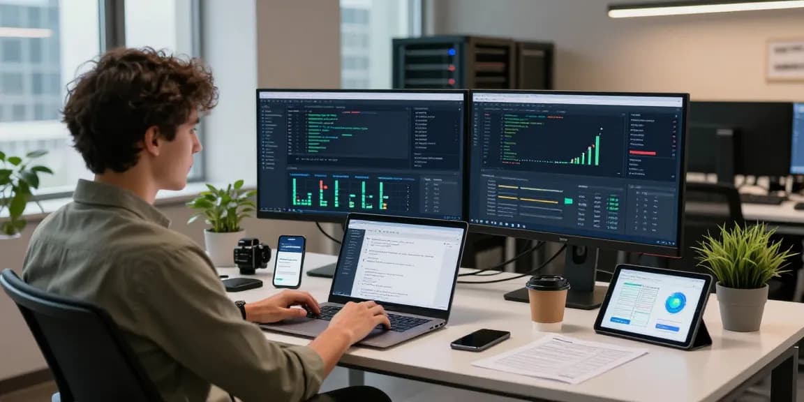 API management workspace with Waygrid analytics, secure server background, tech professional in action