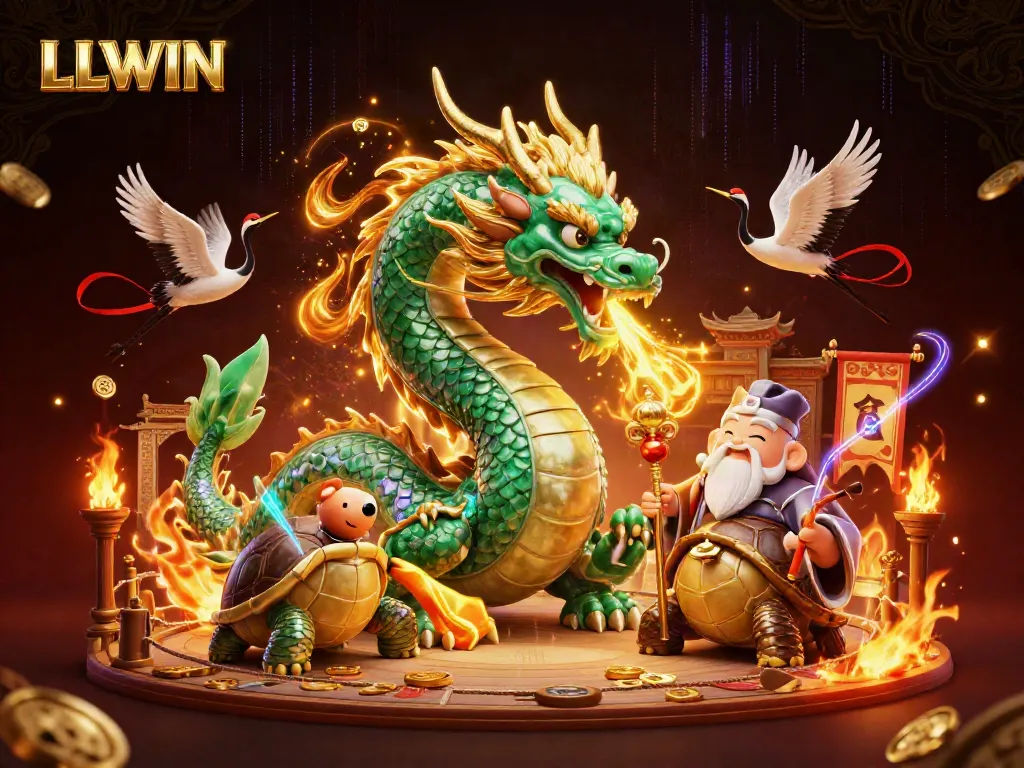 Engage with LLWIN’s dynamic online casino experience featuring a majestic dragon and wise sage.