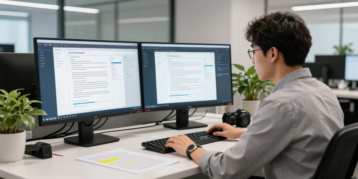 Data analyst using document fraud detection tools in a modern office.