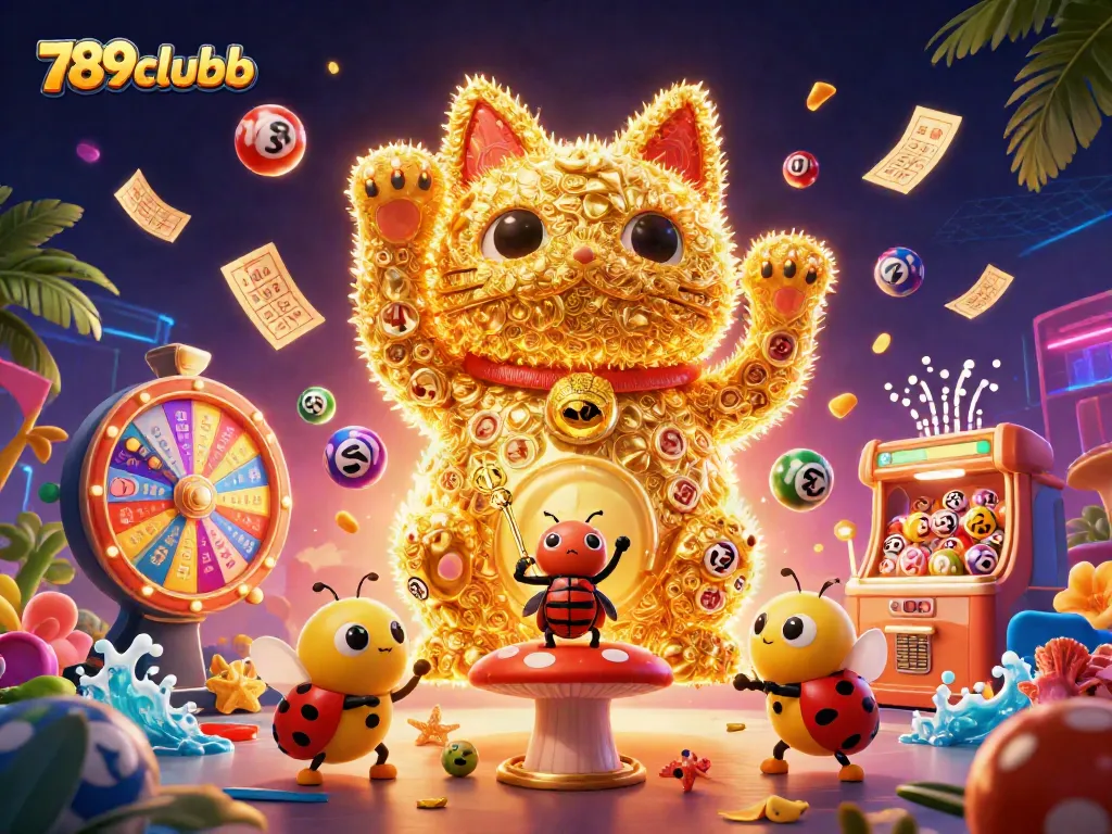 Experience 789clubb's vibrant gaming world as luck springs from the lucky cat and colorful casino elements.