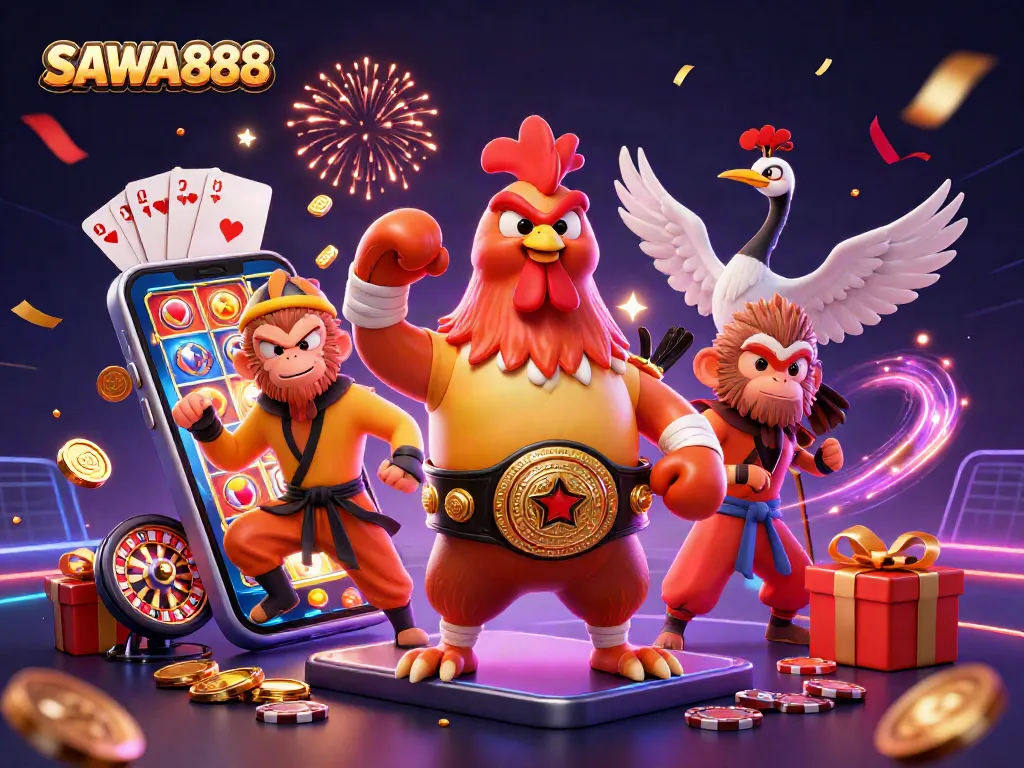Engage with SAWA888's vibrant 3D casino scene featuring animated characters and dynamic gambling elements.