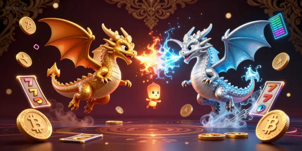 Engage with situs slot through a vibrant 3D illustration of gold and silver dragons battling in a garden of slot elements and crypto coins.
