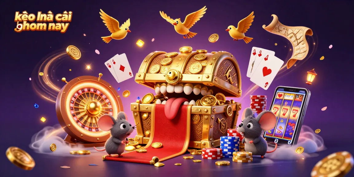 Engaging 3D illustration of gambling scene showcasing kèo nhà cái hôm nay with treasure chest, coins, and roulette.