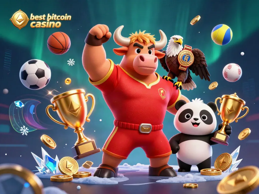 Win big with the best bitcoin casino featuring a bull, eagle, and panda celebrating together.