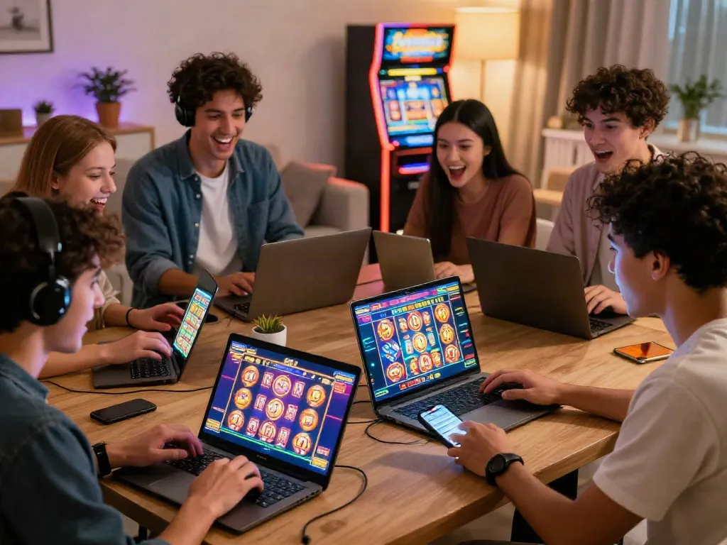 Players enjoying koitoto slot games on multiple devices in a cozy setting, showcasing excitement and engagement.