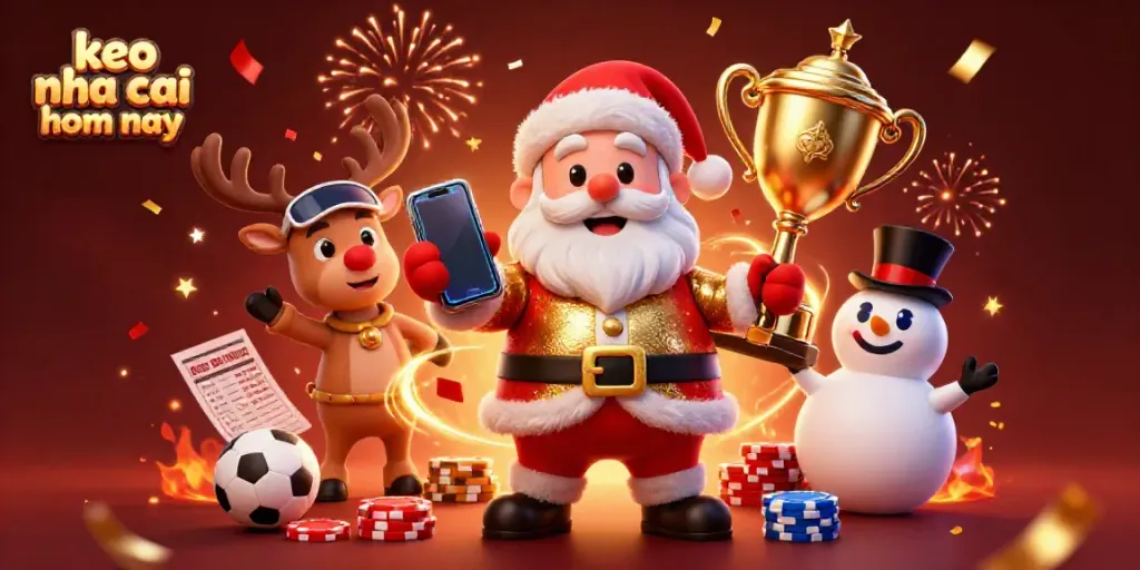 Cheerful Santa and reindeer enjoy sports betting at a glitzy casino, showcasing keo nha cai hom nay.