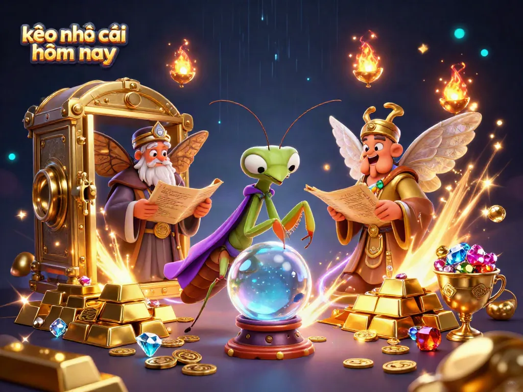 Engage with kèo nhà cái hôm nay in a vibrant 3D illustration showcasing fortune tellers and treasures.