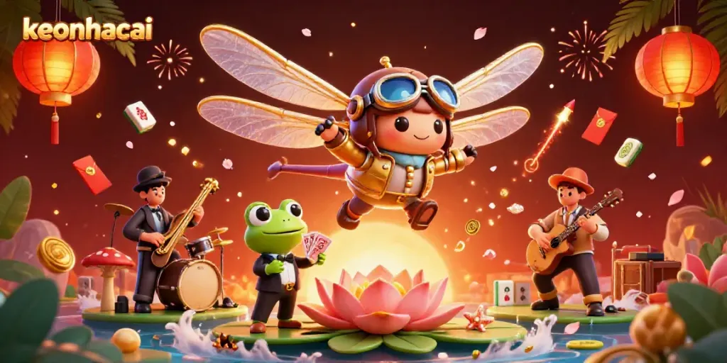 Engaging scene with keonhacai showcasing dragonfly pilot and frog dealer beneath a vibrant lily pad casino setting.