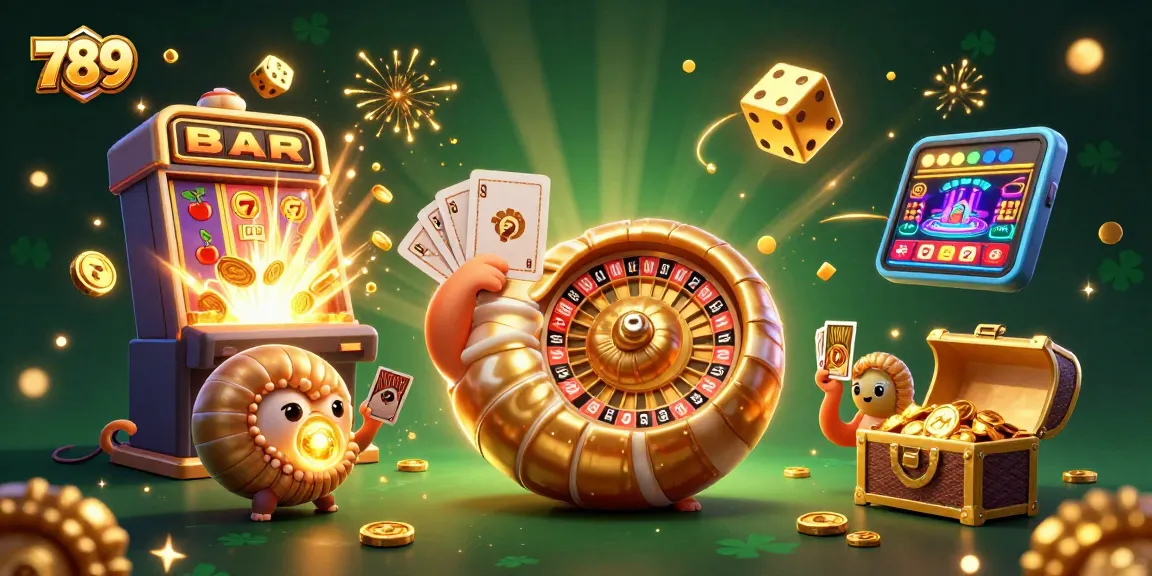 Play exciting casino games at 789, featuring an ancient nautilus roulette wheel and vibrant slot machine action.