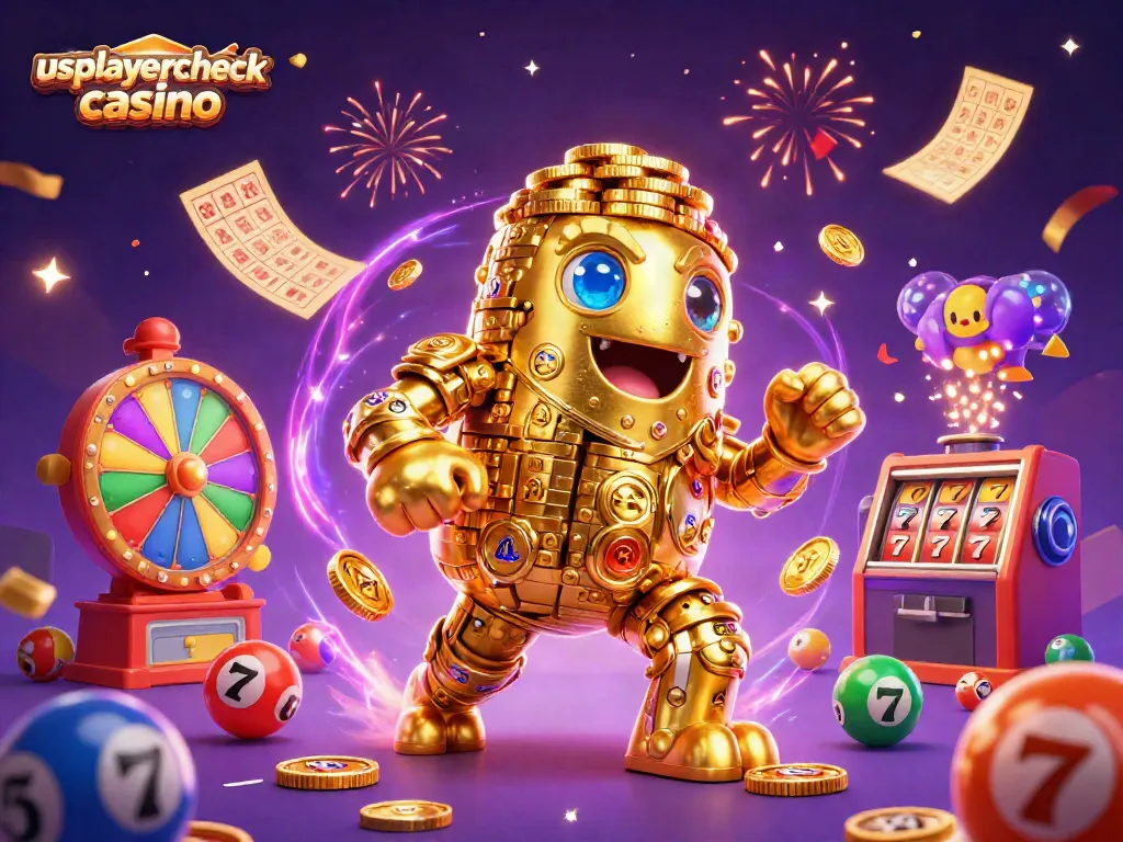 Experience the thrill of the usplayercheck casino with vibrant lottery balls and golden golem in a lively scene.