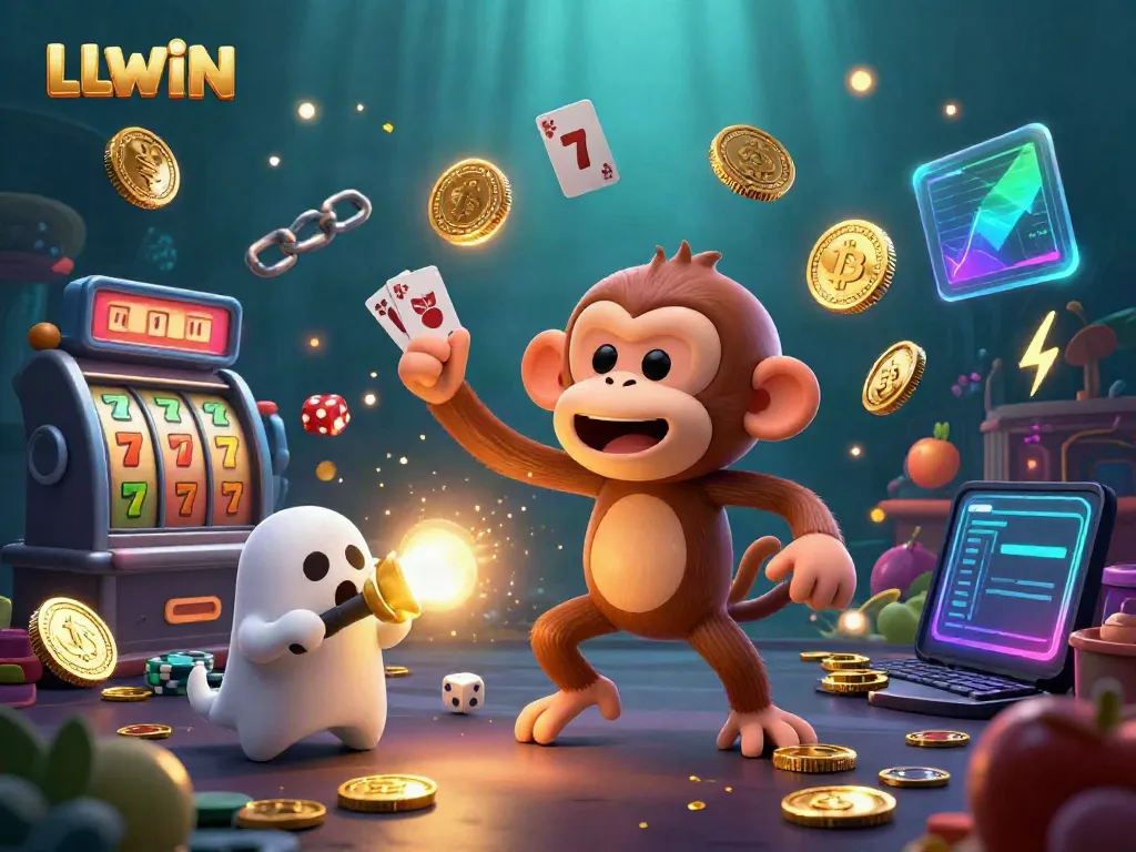 Experience thrilling gambling action with LLWIN as a ghostly monkey juggles golden casino elements.