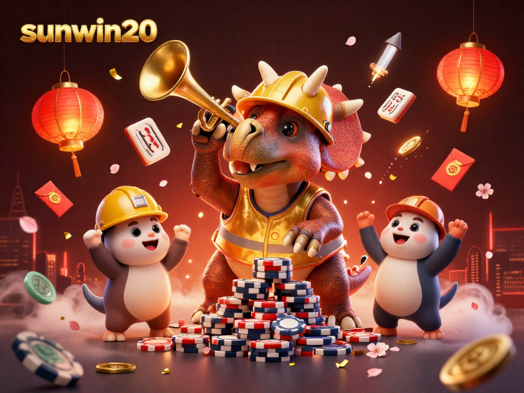 Experience sunwin20 excitement with 3D triceratops celebrating in a vibrant casino scene.