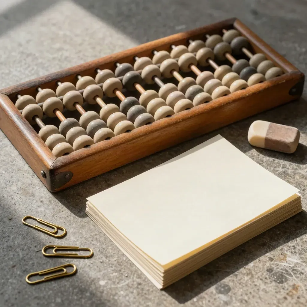 Overhead classroom toolkit still life with an abacus, brass clips, eraser, and folded cards on stone.