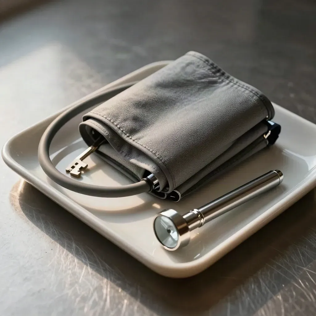 Blood-pressure cuff, reflex hammer, penlight, and ceramic tray on brushed metal in dramatic light