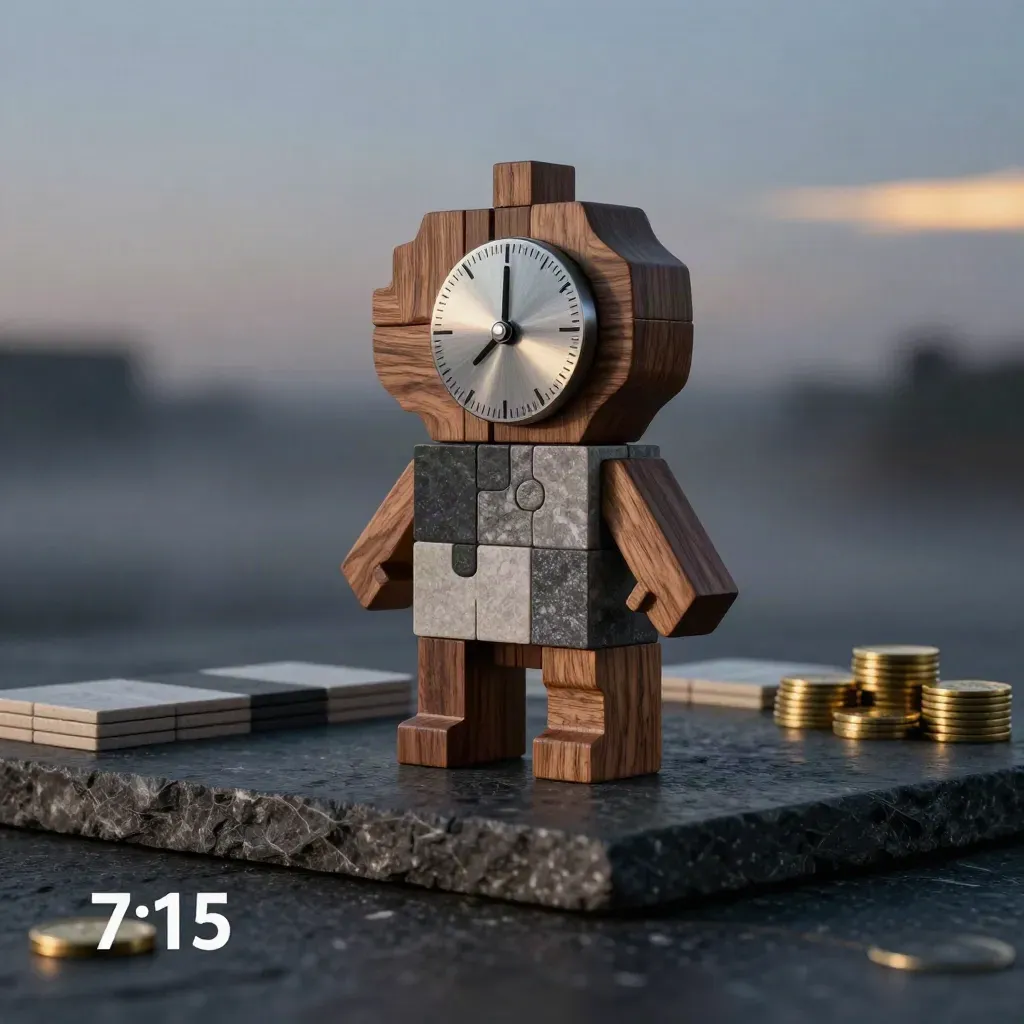 Walnut puzzle blocks, aluminum timer wheel and brass tokens on a dark stone plinth in mist