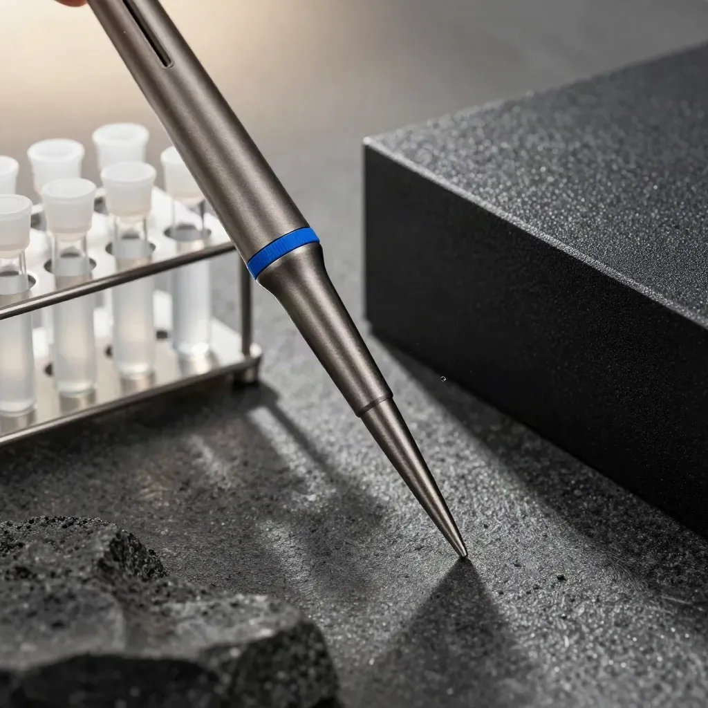 Macro lab pipette, vial rack, and calibration block on basalt with blue accent