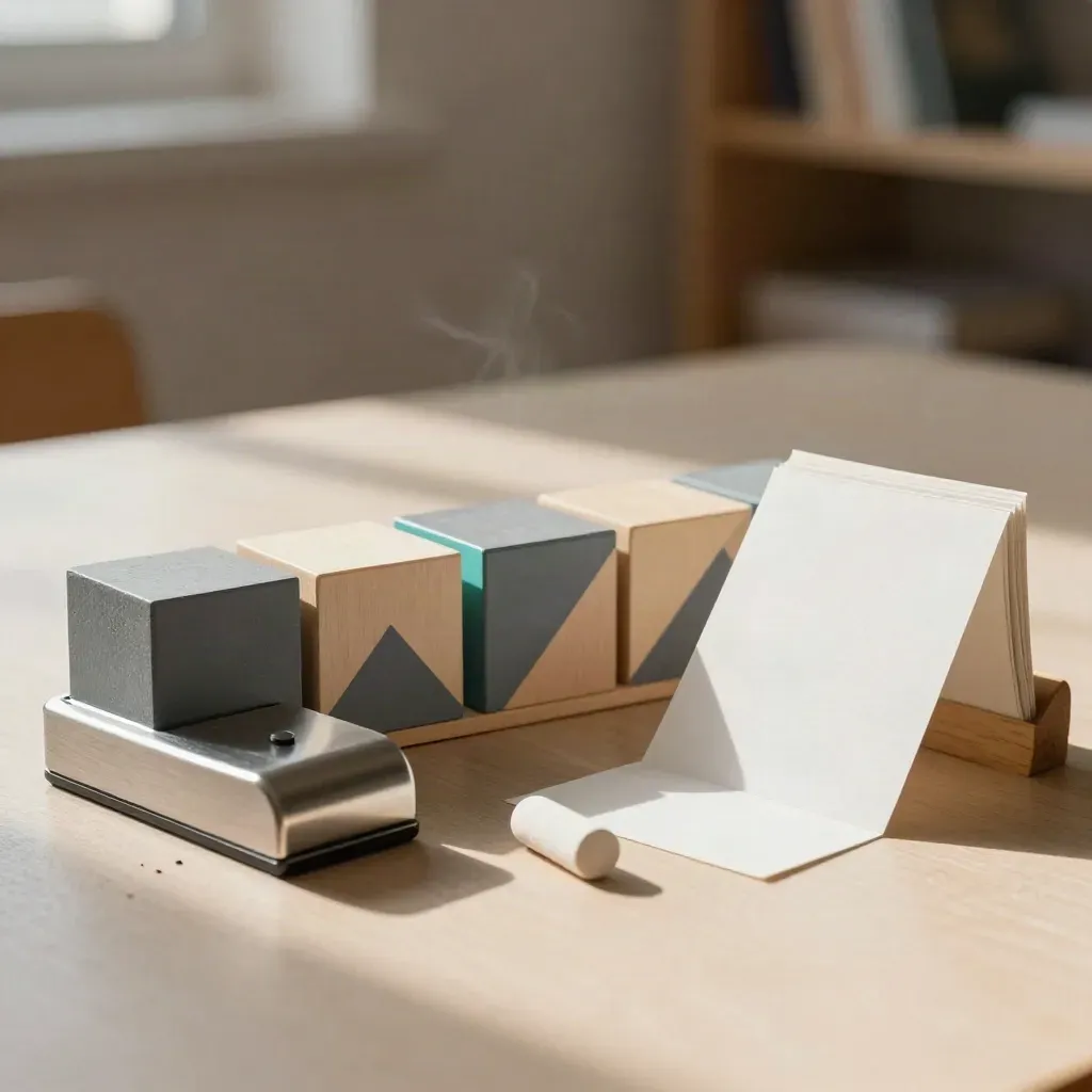 Counting blocks, blank cards, chalk stub and paperweight on pale wood in soft side light.