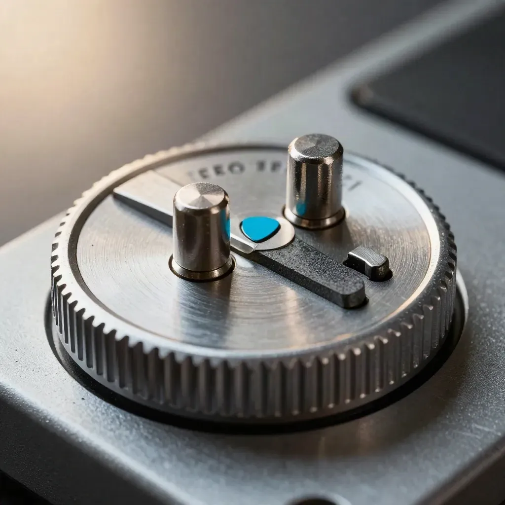 Brushed-aluminum focus dial with alignment pegs on graphite felt, lit in a cool macro still life.