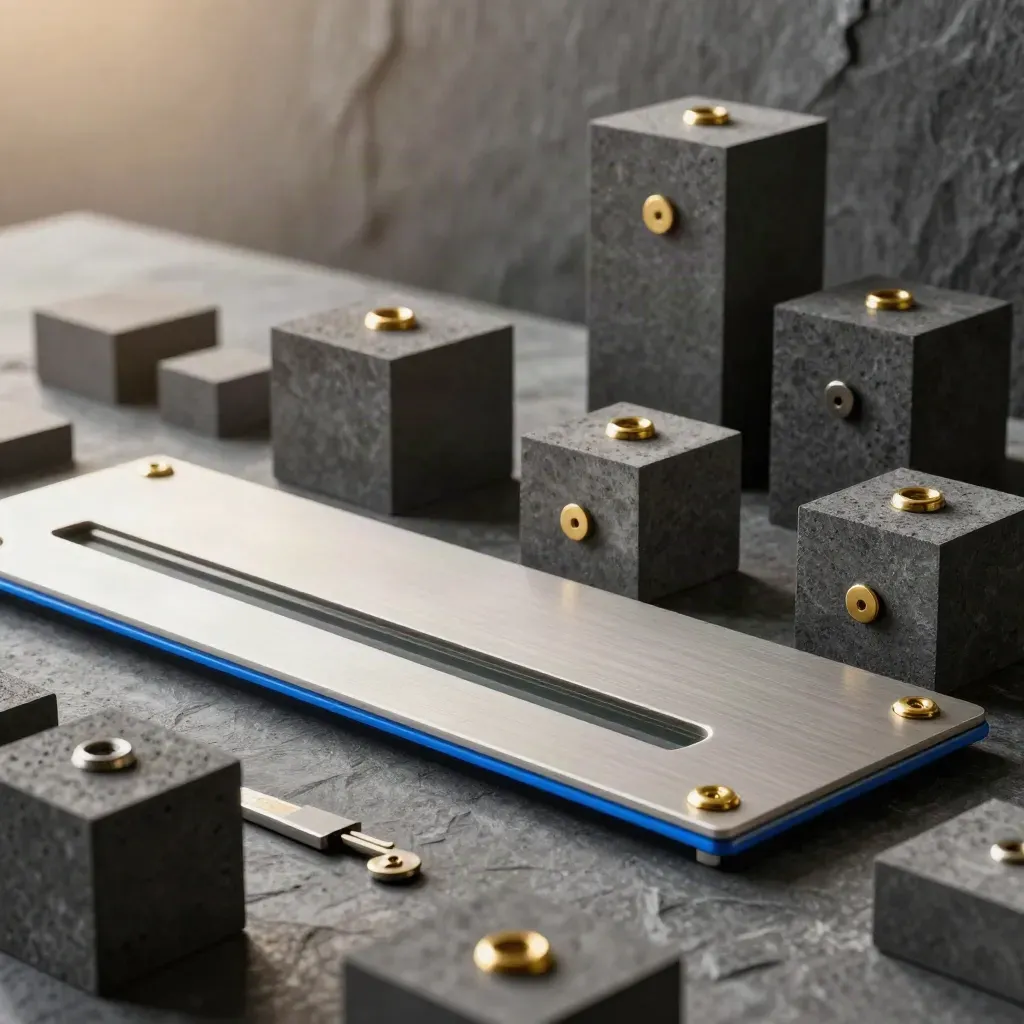 Graphite blocks and brass fasteners on brushed metal in a dramatic executive planning still life.