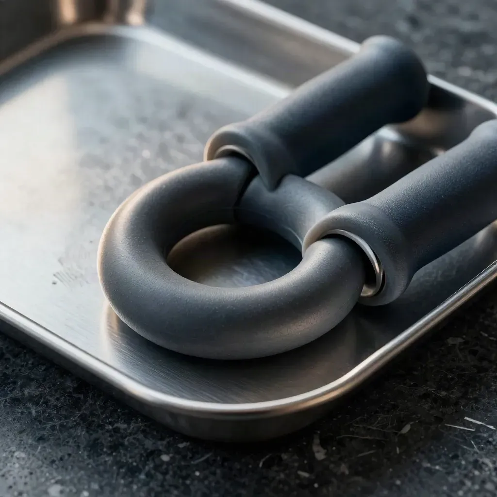 Macro still life of therapy rings, resistance putty, and a stainless tray on dark stone.