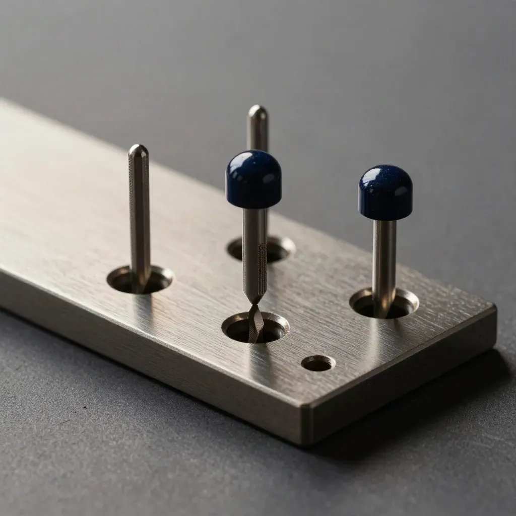 Macro of a graphite assessment board with three pegs, one mid-drop, lit in cool cinematic sheen.