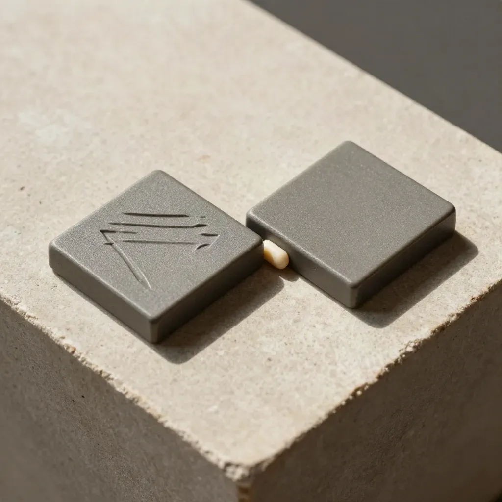 Overhead macro of two tactile memory-game tiles and a bone spacer puck on pale stone.