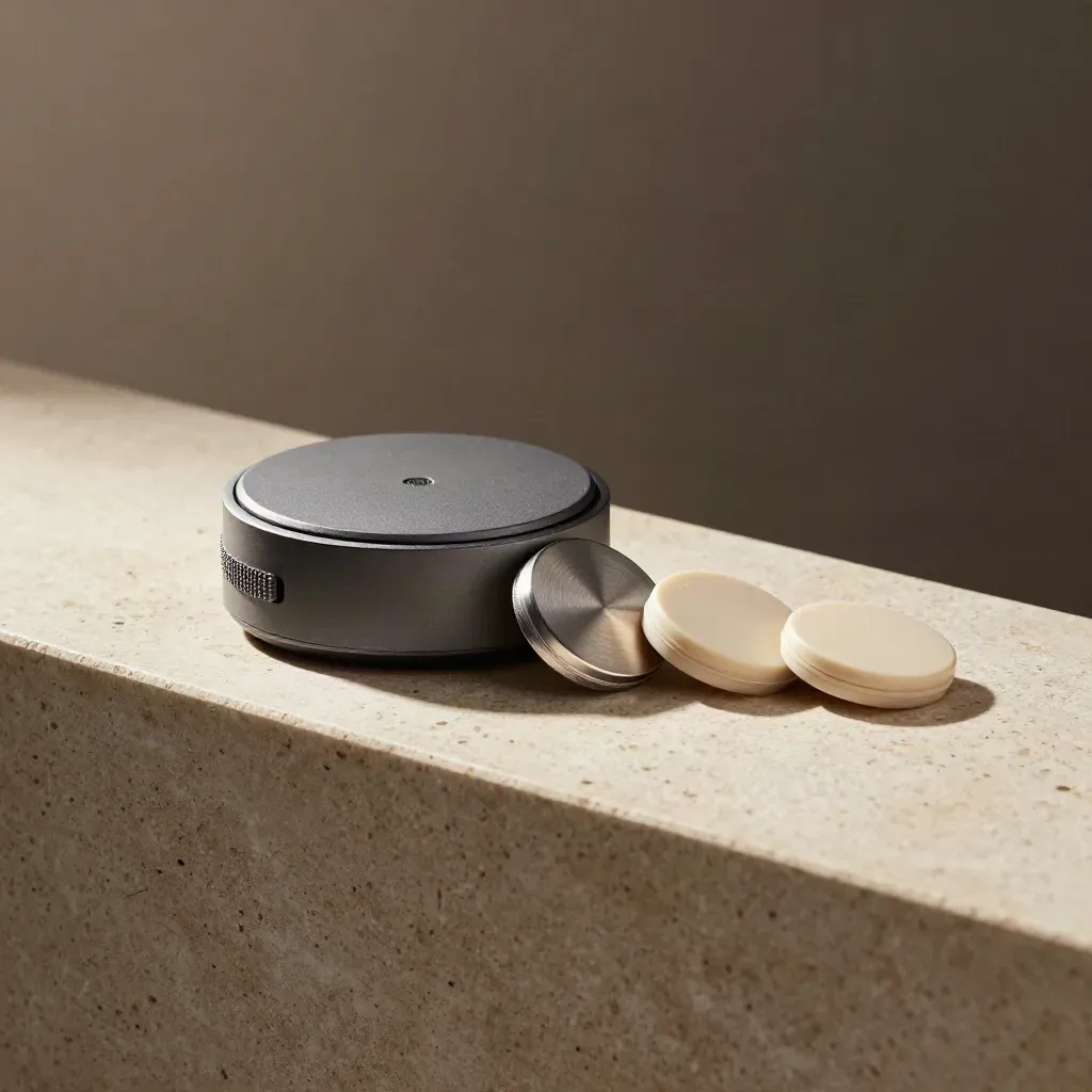 Graphite alarm puck with three circular reminder tokens on warm travertine in dramatic studio light