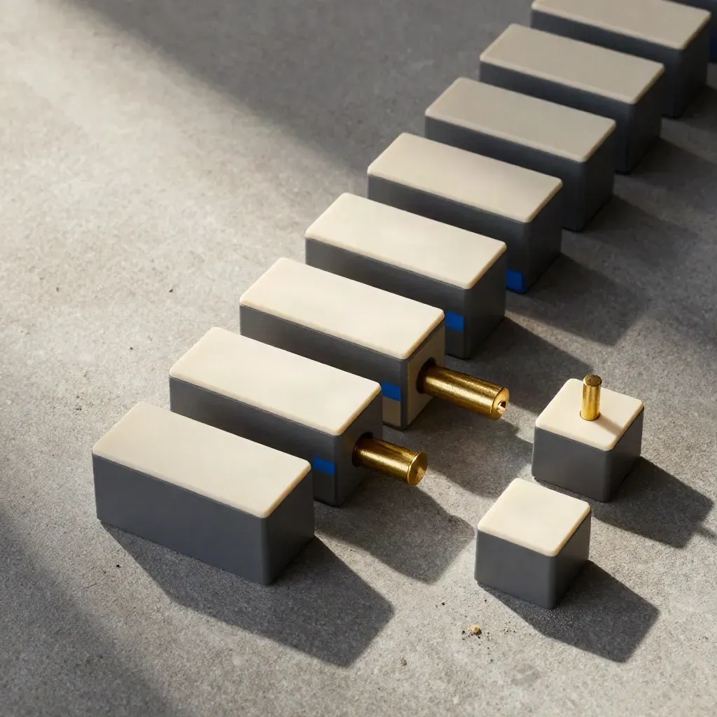 Overhead still life of modular drill blocks and brass spacers on brushed concrete.