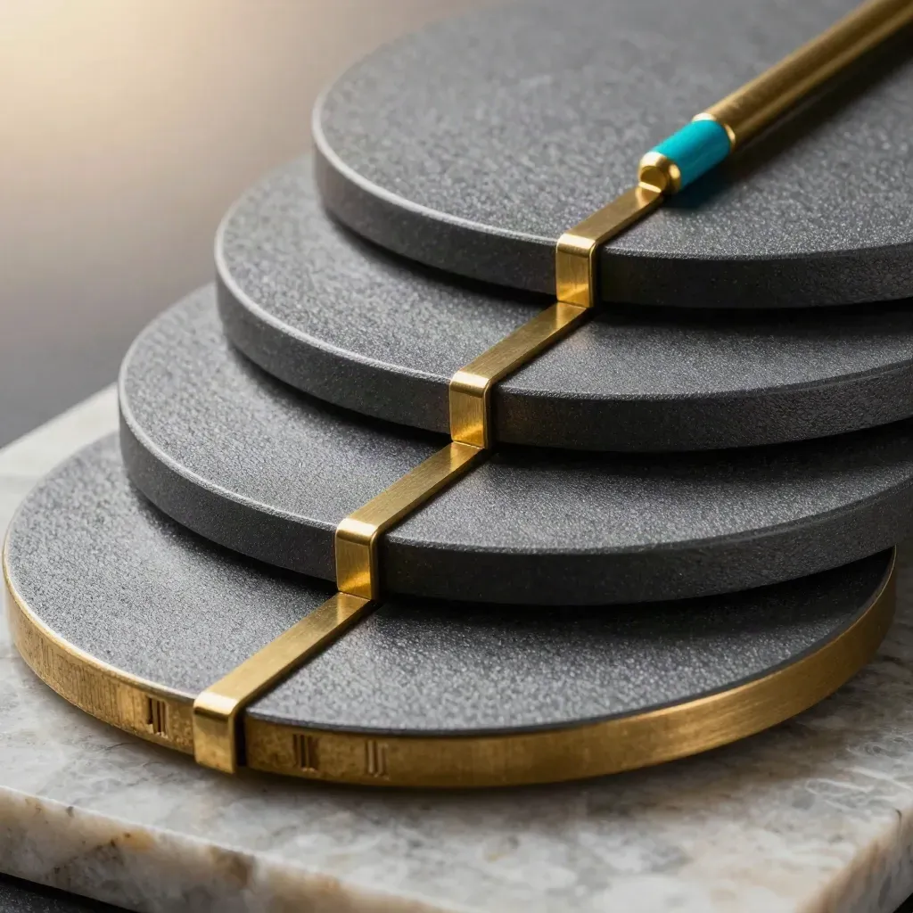 Three matte discs with rising brass markers on limestone, shot low in soft haze