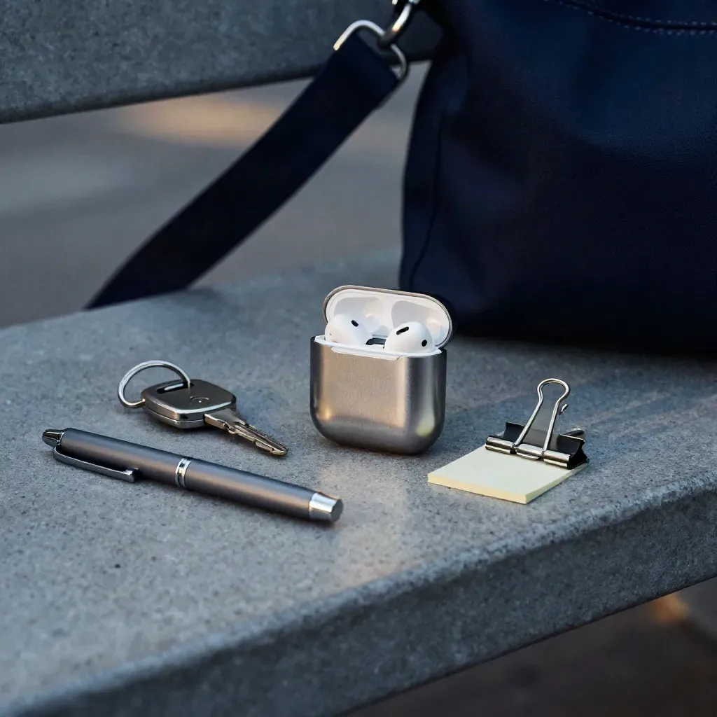 Earbud case, key fob, pen cap and metal clip on a concrete bench, seen through a navy strap.