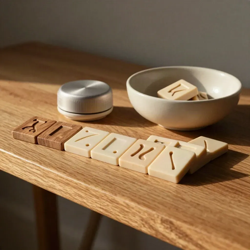 Memory tiles, timer puck, and ceramic bowl on an oak shelf for older adults