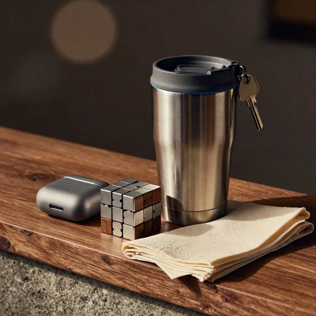 Travel mug, earbud case, puzzle cube and napkin in dramatic studio light