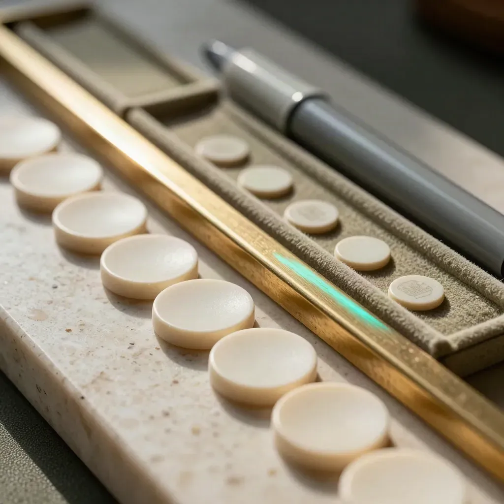 Macro still life of cognitive test tokens, nested trays, and a brass divider on travertine.