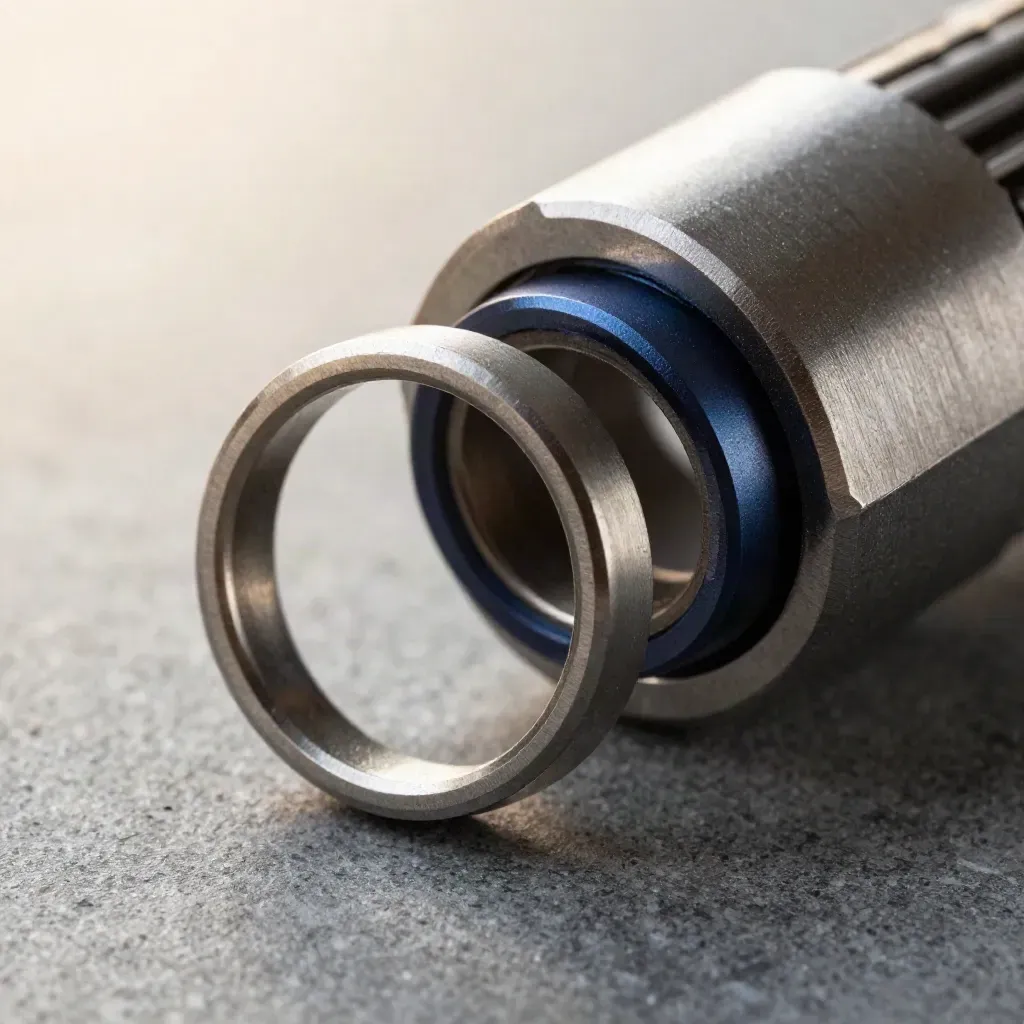 Macro rings locking into a precision connector block on graphite stone with navy accent