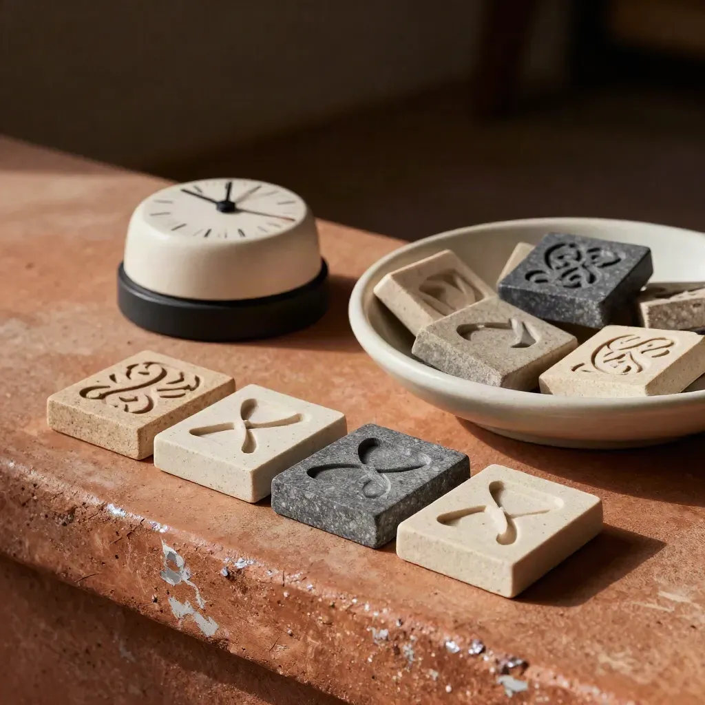Macro still life of tactile memory tiles, a timer puck, and a ceramic dish on terracotta clay.