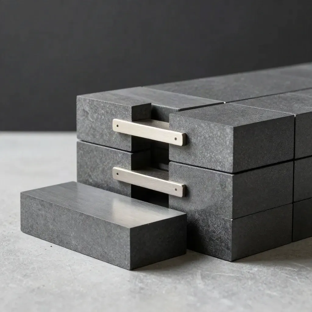 Graphite modular blocks snapping into an alignment stack on brushed metal under dramatic studio light
