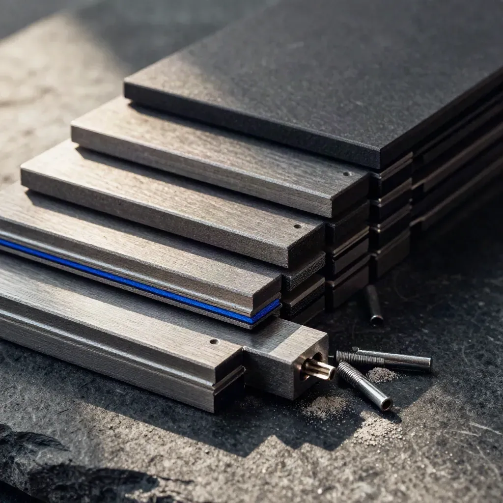 Graphite precision plates and a blue connector bridge on dark stone, lit in a close macro.
