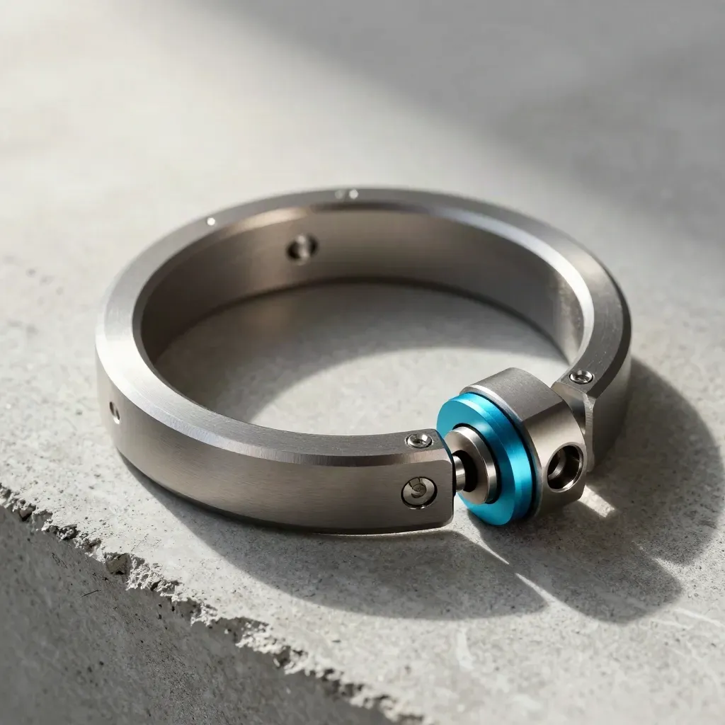 Linked metal couplers form a circle around a hub on brushed concrete, lit softly from above-left.