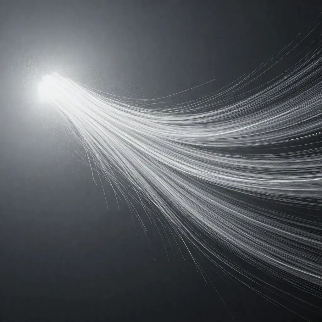 Silver light filaments bloom off-centre in a dark hazy abstract space.