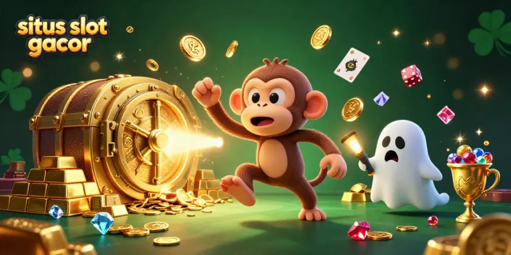 Experience thrilling gameplay at situs slot gacor with a lively casino scene featuring a playful ghost-hunter puppy and a poltergeist monkey.