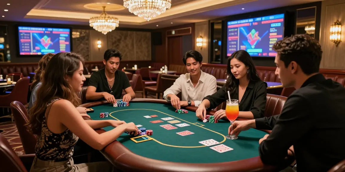 Friends enjoying a lively poker game in an upscale casino lounge featuring rokok88 cocktails.