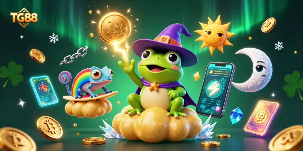 Engage with TG88 as the wizard frog conjures a fortune in golden coins surrounded by vibrant casino elements.