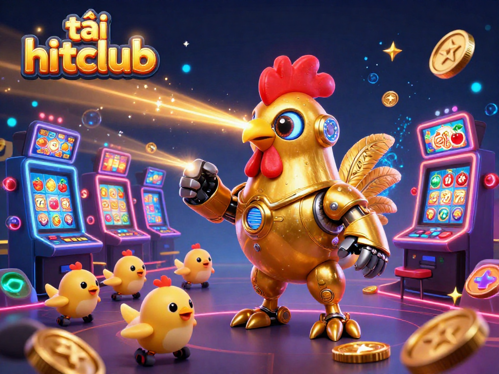 Experience thrilling gameplay action at tải hitclub with a golden rooster robot and dazzling slot machines.