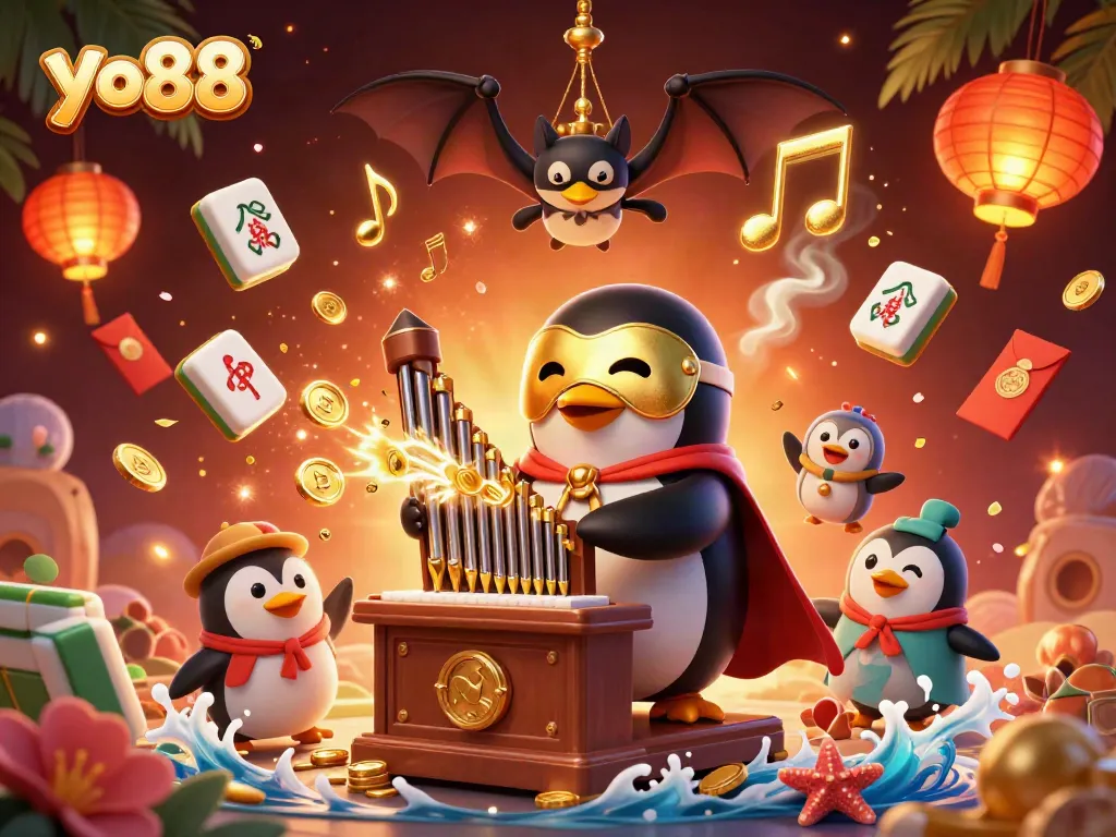 Experience the excitement of yo88 with a vibrant scene of a penguin playing a pipe organ amid golden coins and festive elements.