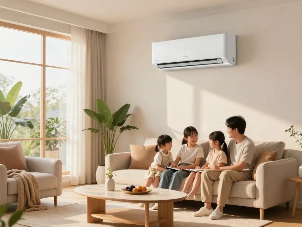 Family enjoying a cozy living room with a 24000 btu mini split air conditioner for optimal comfort