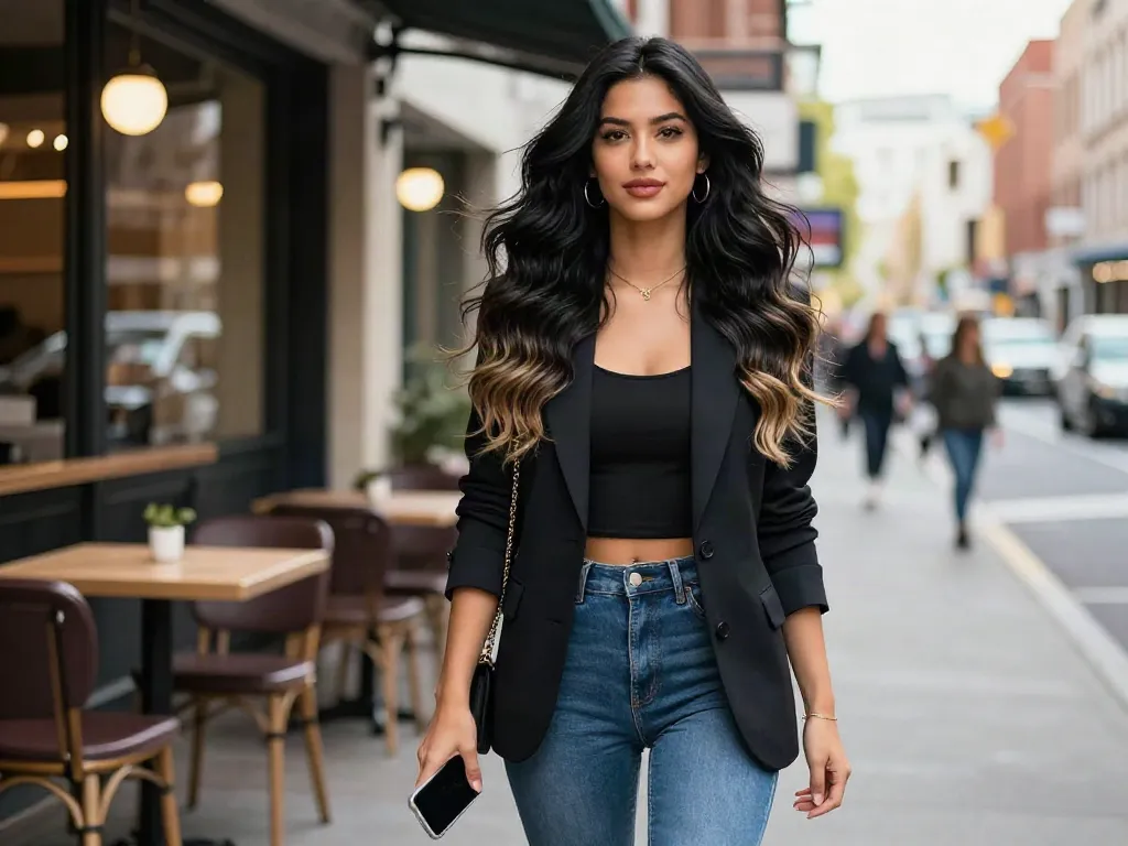 Fashion model flaunting seamless clip in extensions in a chic urban backdrop.