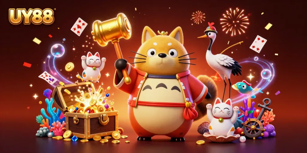 Experience the vibrant world of UY88 with a cheerful raccoon dog and fortune cats celebrating in a wealth of casino treasures.