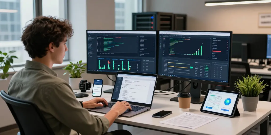 API management workspace with Waygrid analytics, secure server background, tech professional in action