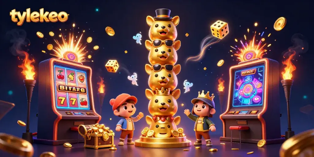 Experience lively gambling action with tylekeo, featuring vibrant slot machines and a dynamic totem pole in a 3D illustration.