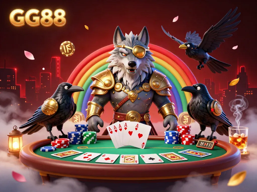 Experience thrilling gaming at GG88 with a vibrant 3D casino scene showcasing poker elements and mythical characters.